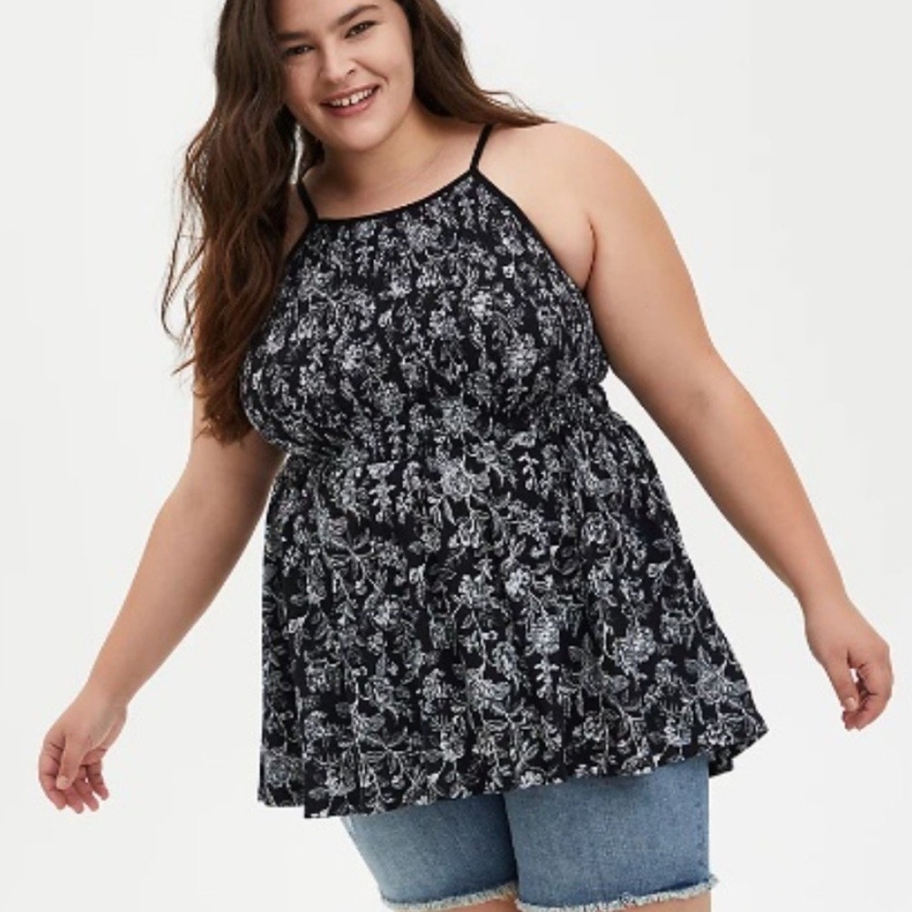 Torrid Black Floral Smocked Halter Babydoll Tank